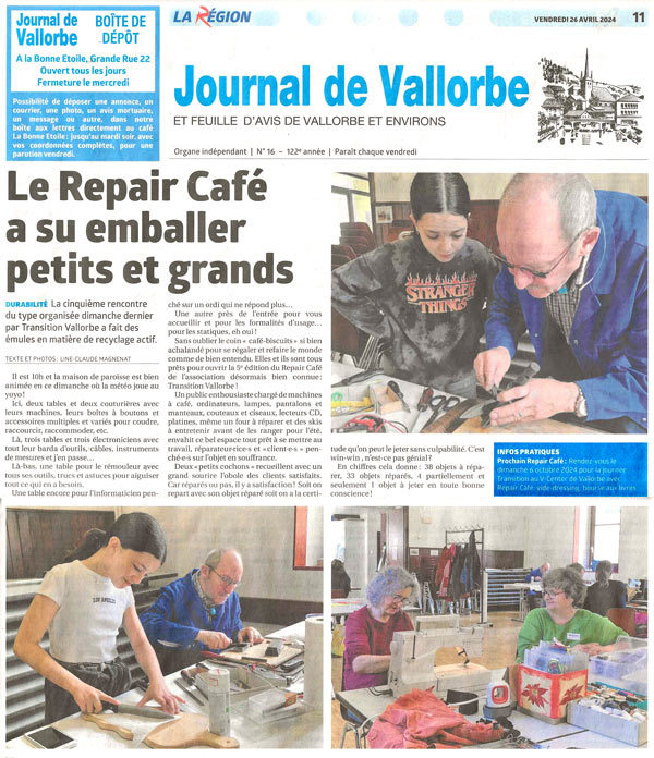 Article de La Région sur le Repair café du 21 avril 2024